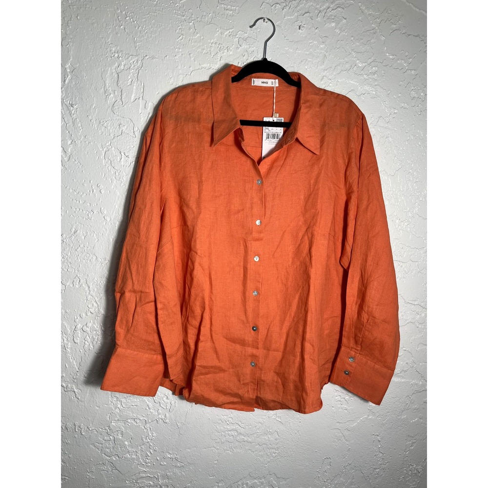 Mango MNG Orange 100% Linen Button Down Shirt Long Sleeve Blouse 2XL NEW